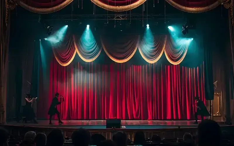 Three performers on stage with red velvet curtains and gold swags, lit by blue spotlights, watched by an audience.
