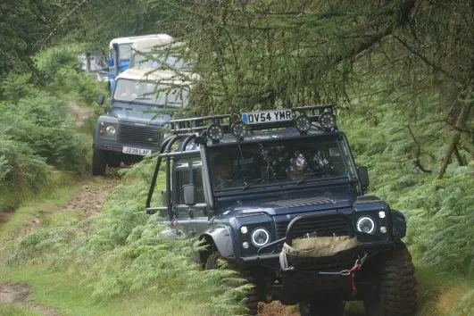 Two rugged 4x4 vehicles navigating a woodland track through dense trees and green vegetation.