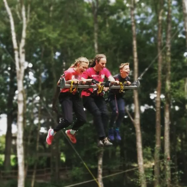 Three people in red and black clothing on a high ropes course suspended between trees in a forest.