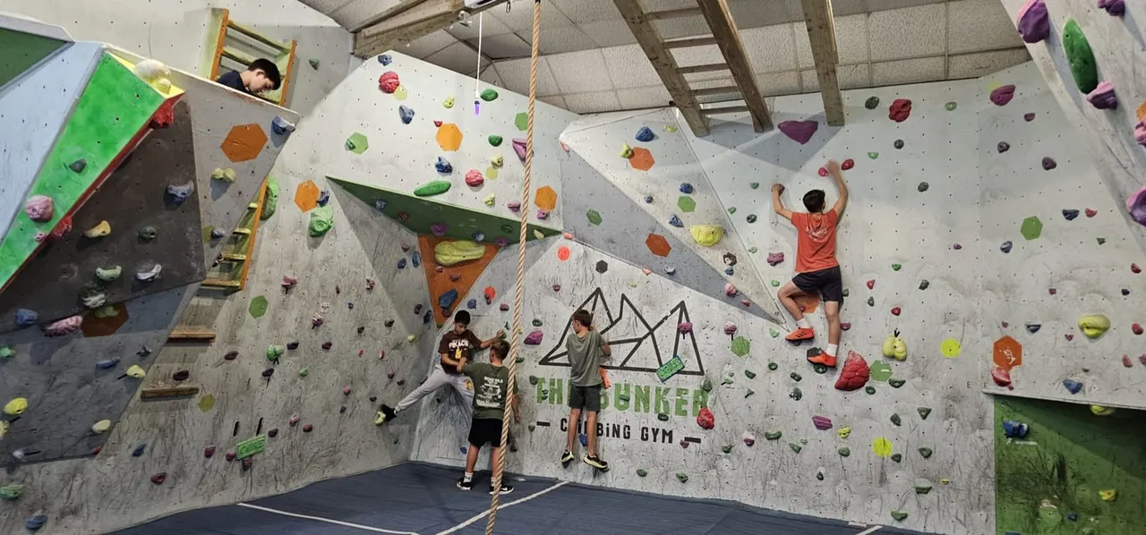 Children climbing coloured holds on indoor rock climbing walls in a gym facility.