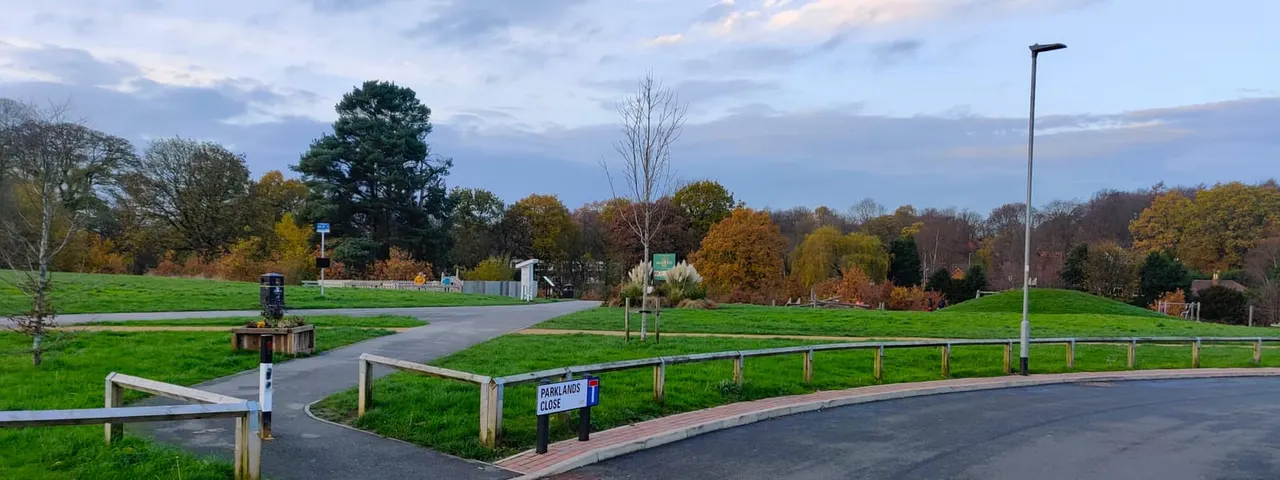A park with green grass, autumn trees, wooden railings, paths and street lighting under a cloudy sky.