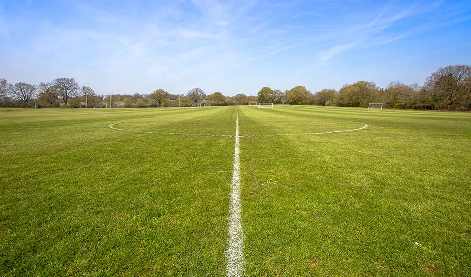 Empty football pitch with white centre line and goal areas marked, surrounded by trees under blue sky.