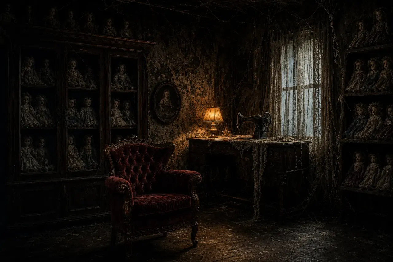 A dimly lit, vintage-style room with peeling wallpaper, a burgundy armchair, desk lamp, and portrait paintings in glass cabinets.