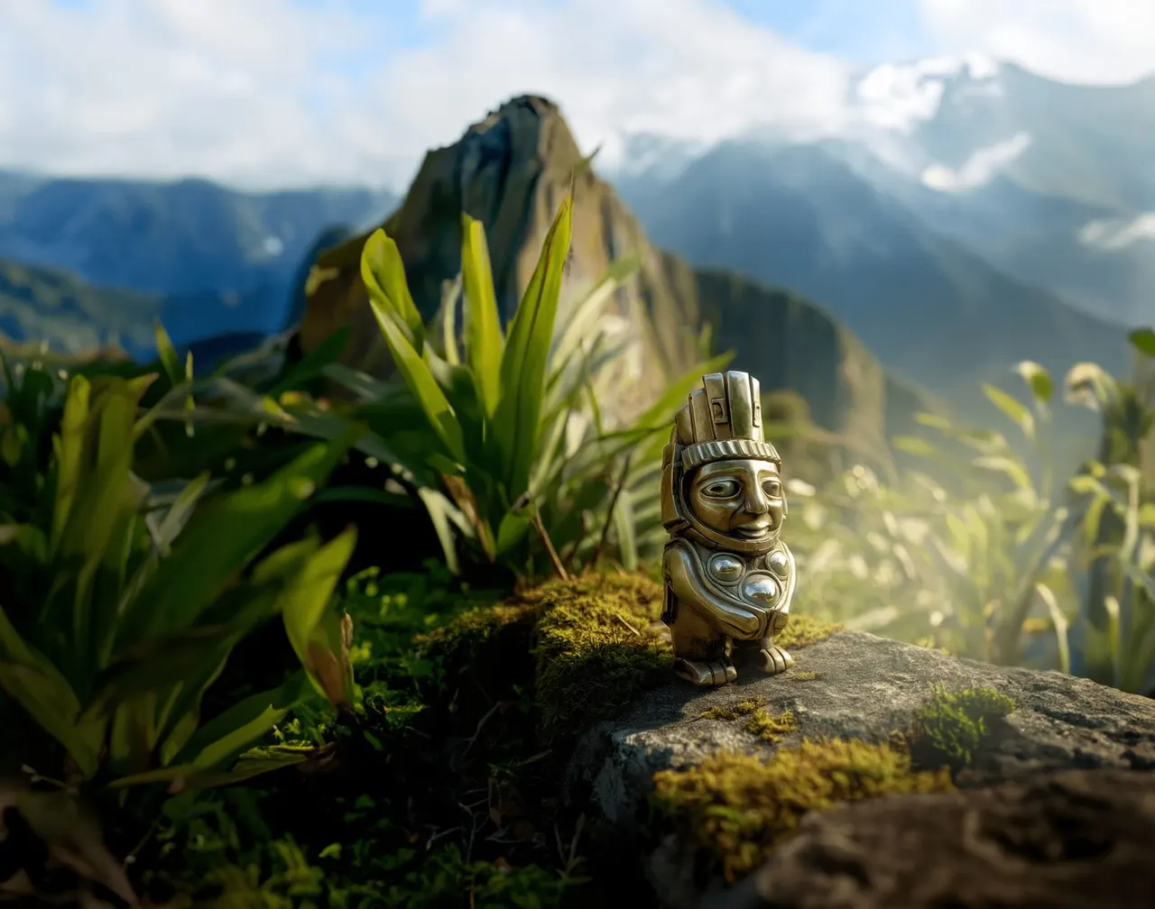 A small decorative figurine sits on a mossy rock with mountain peaks and lush vegetation in the background.