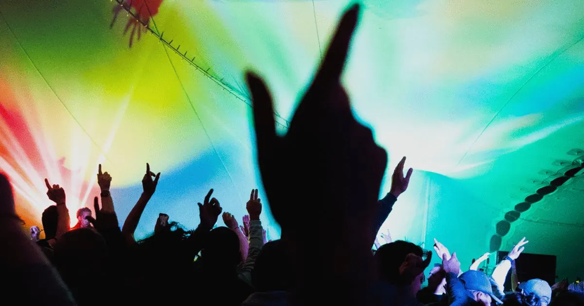 Silhouetted crowd with raised arms and hands at a concert or live music event with colourful stage lighting.