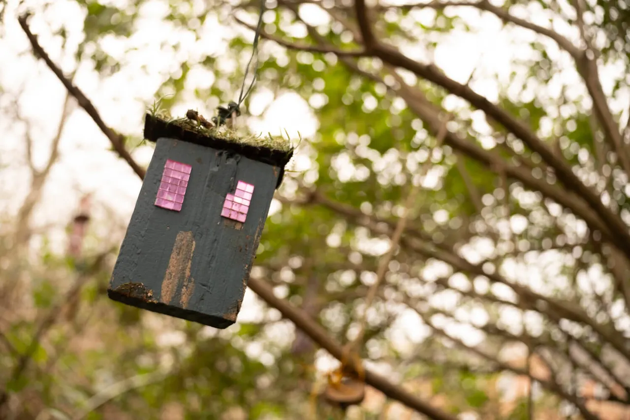 A small decorative birdhouse with pink windows hangs from a tree branch amongst green foliage.