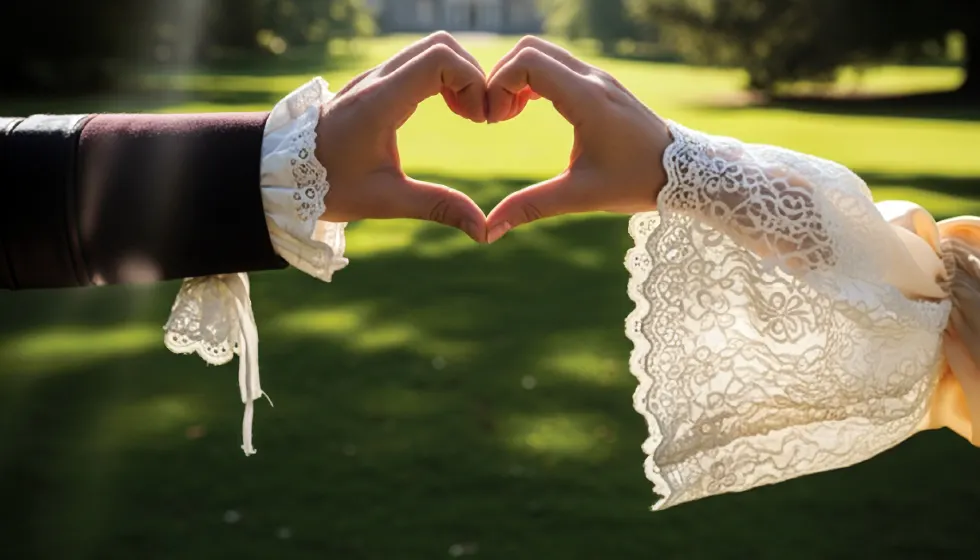 Bride and groom making a heart shape with their hands in a sunny garden.