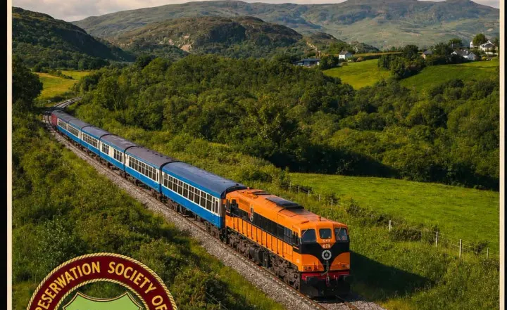 Blue and orange heritage railway train travelling through a green valley with forested hills and scattered houses in the background.