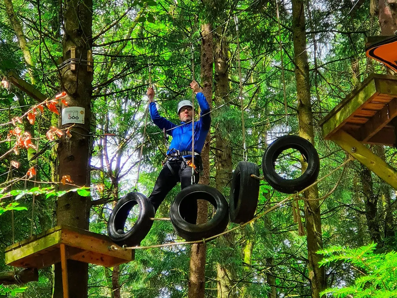 Person zip-lining through a forest canopy on a rope course, passing through suspended tyres as obstacles.
