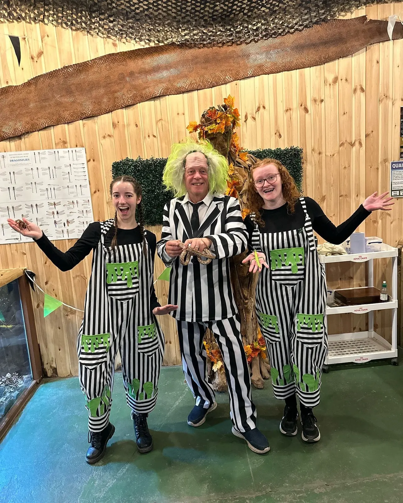 Three staff members in striped black-and-white costumes with lime-green accents pose playfully indoors at a wooden-walled venue, with a large snake skin displayed above.