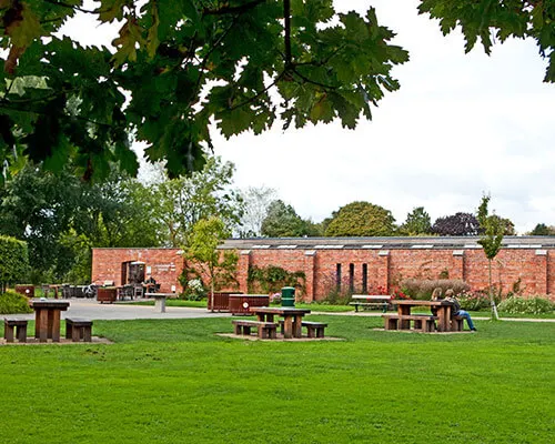 Green lawn with picnic tables and benches beneath mature trees, facing a red-brick building.