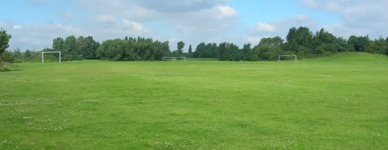 Empty grass sports field with multiple goal posts and tree-lined boundary under partly cloudy sky.
