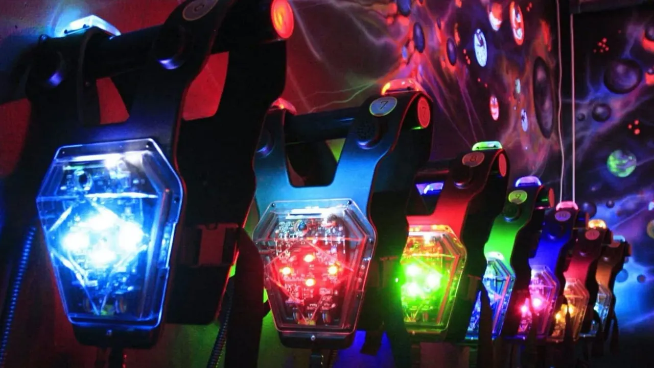 Indoor laser tag arena with neon lighting