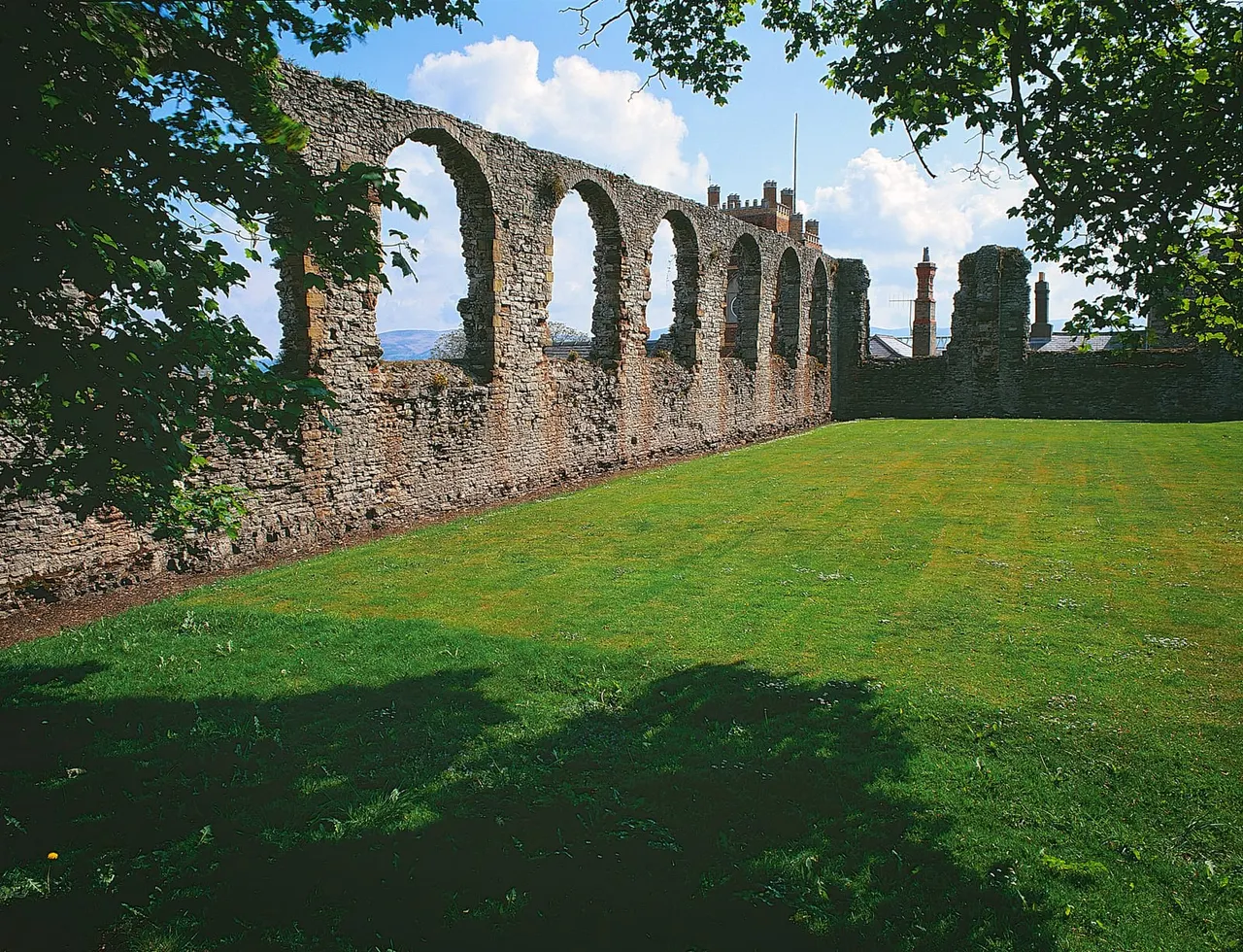 Stone castle ruins with arched openings surrounded by green grass and ivy-covered walls on a sunny day.