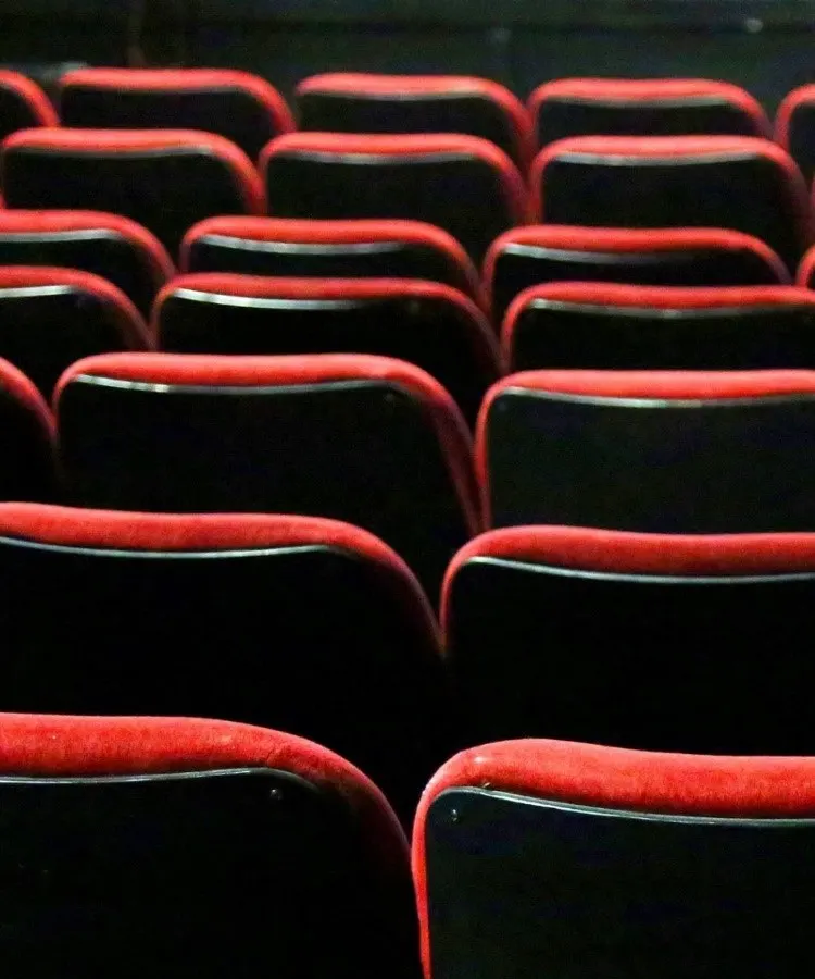 Rows of empty red velvet cinema or theatre seats in the auditorium.