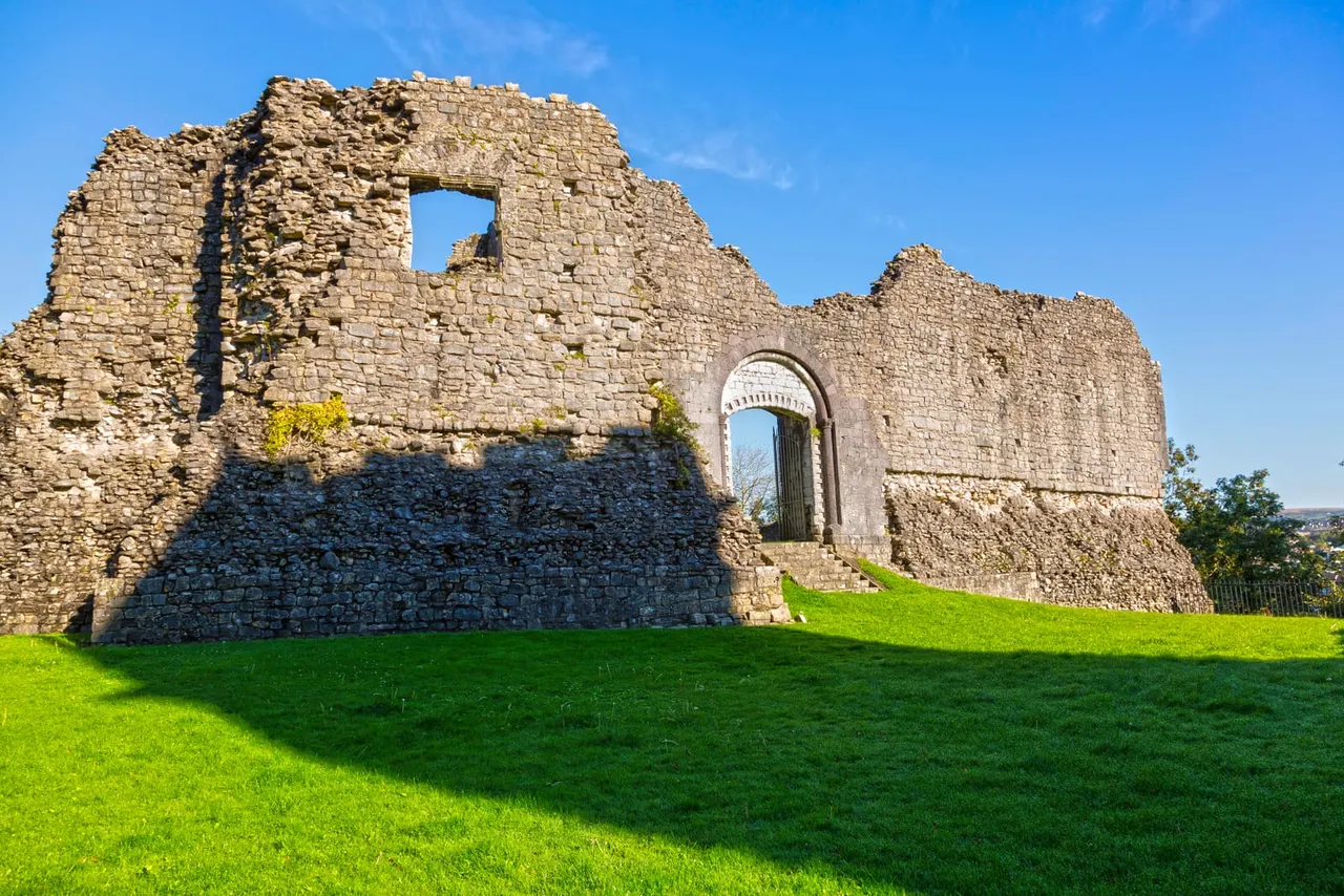 Ruined stone castle with arched doorway and window openings set in a grassy field under blue sky.