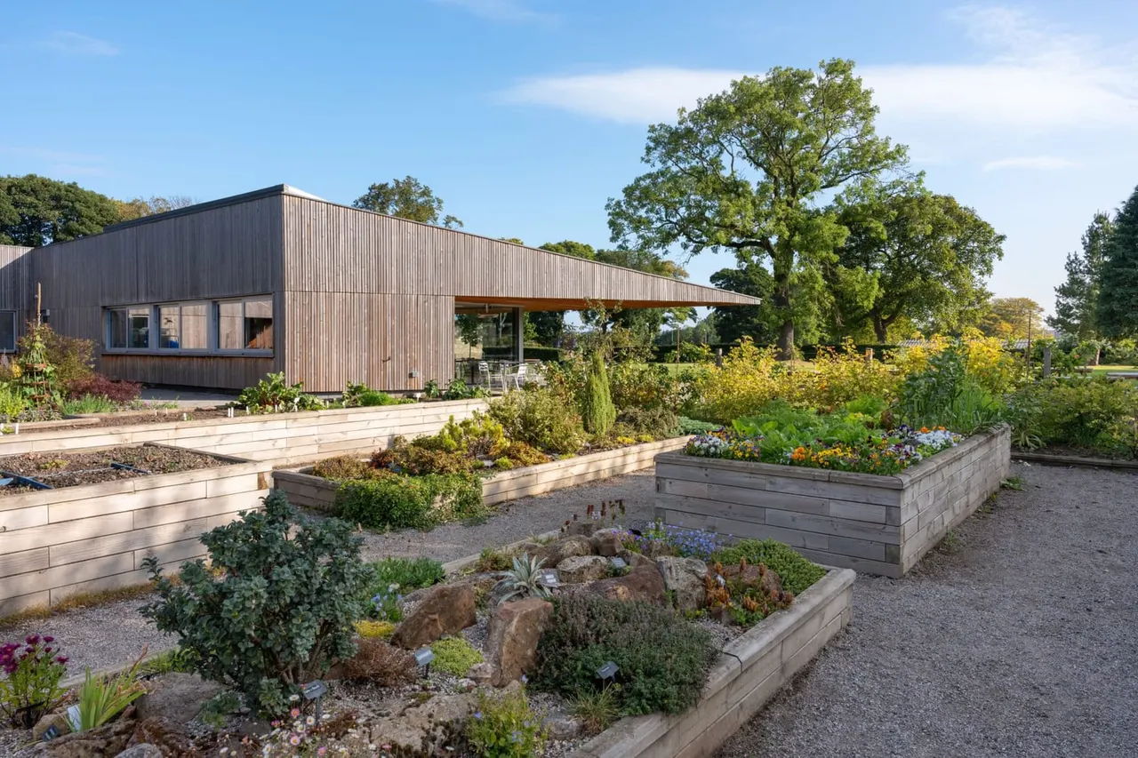 Modern corrugated metal pavilion building with raised garden beds and flowering plants in the foreground under clear sky.