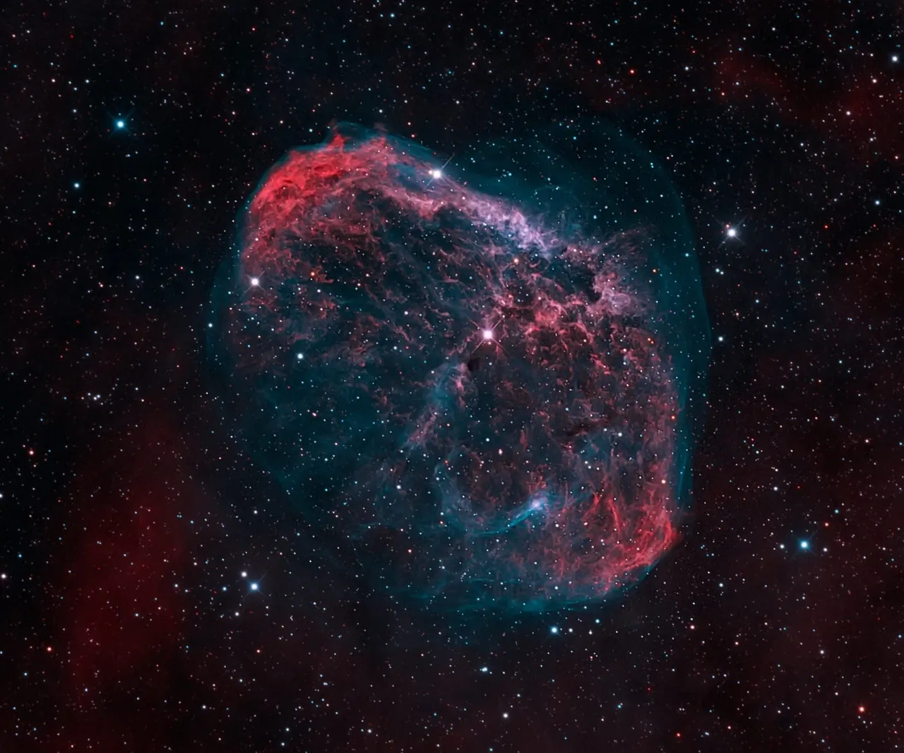 PHOTOGRAPH

A glowing pink and red nebula with wispy gas clouds surrounded by bright stars against a dark space background.