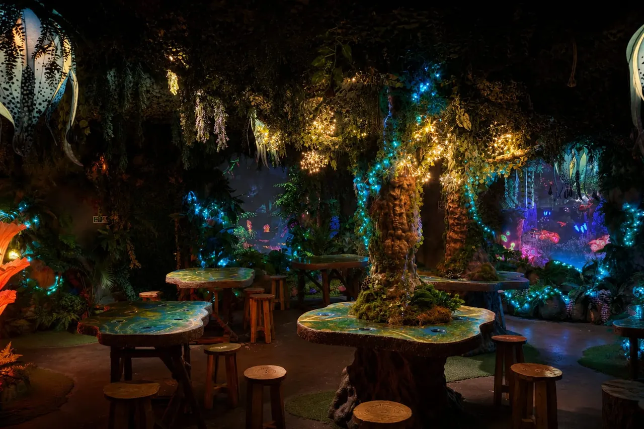 An enchanted forest scene with glowing trees, colourful lights, and wooden tables and stools nestled among large tree trunks.