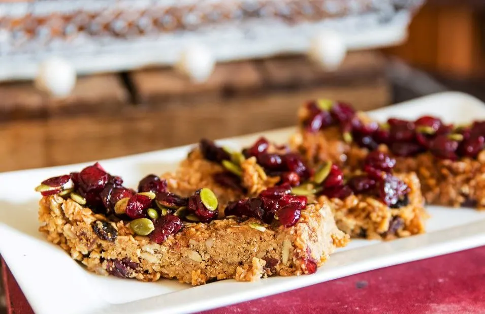 Homemade baked goods topped with dried cranberries and pumpkin seeds, arranged on a white plate.