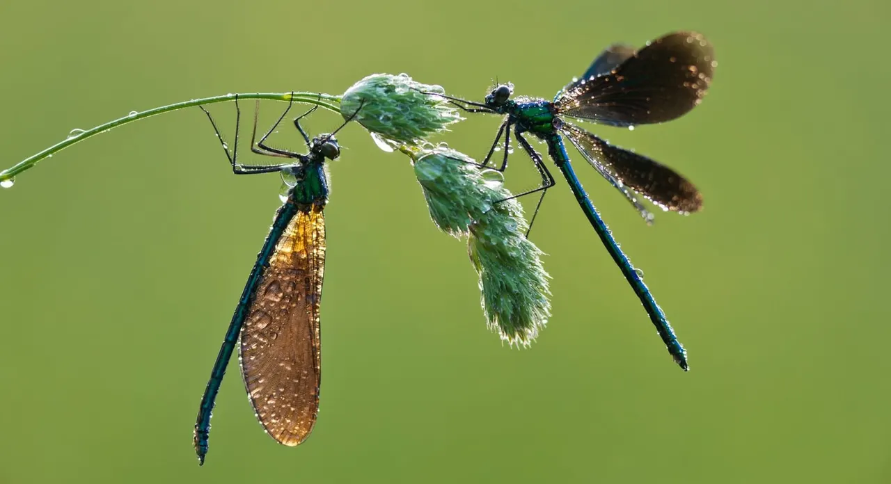 Two dragonflies perched on a wet plant stem against a green background.