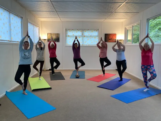 Seven people practising yoga in tree pose on coloured mats in a bright studio with windows.