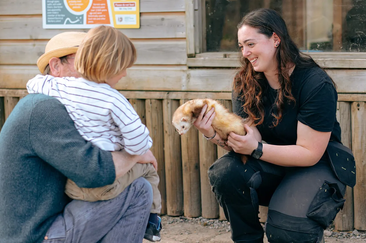 A staff member holds a small farm animal whilst a young child in a straw hat and striped top watches and smiles.