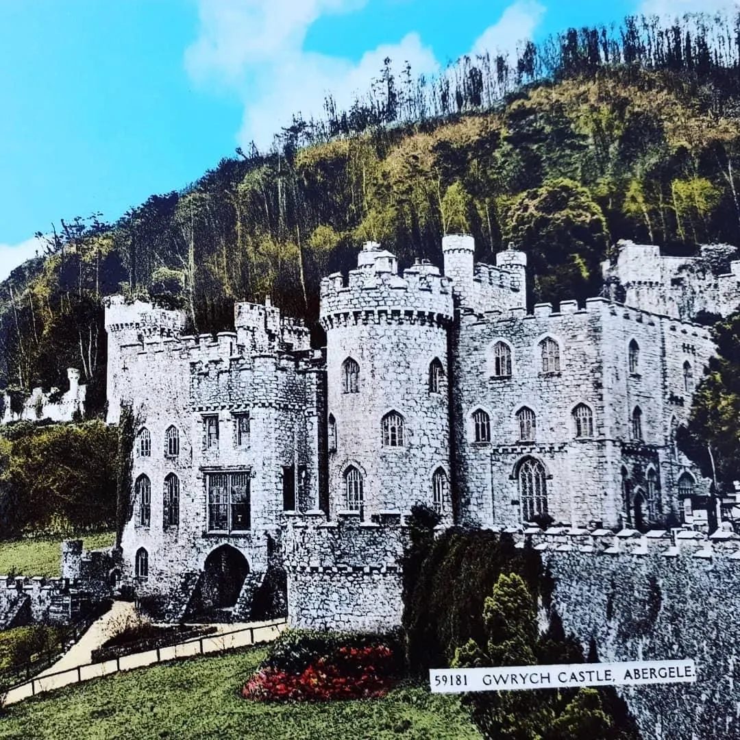 Stone castle with multiple towers and crenellations set against wooded hillside under blue sky.