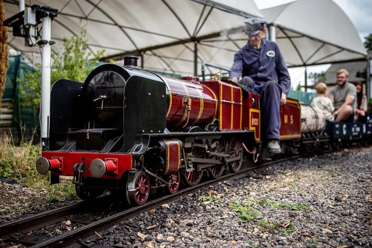 Miniature steam locomotive with red and black livery on narrow-gauge track, operator seated on top, visitors watching from platform under shade structure.