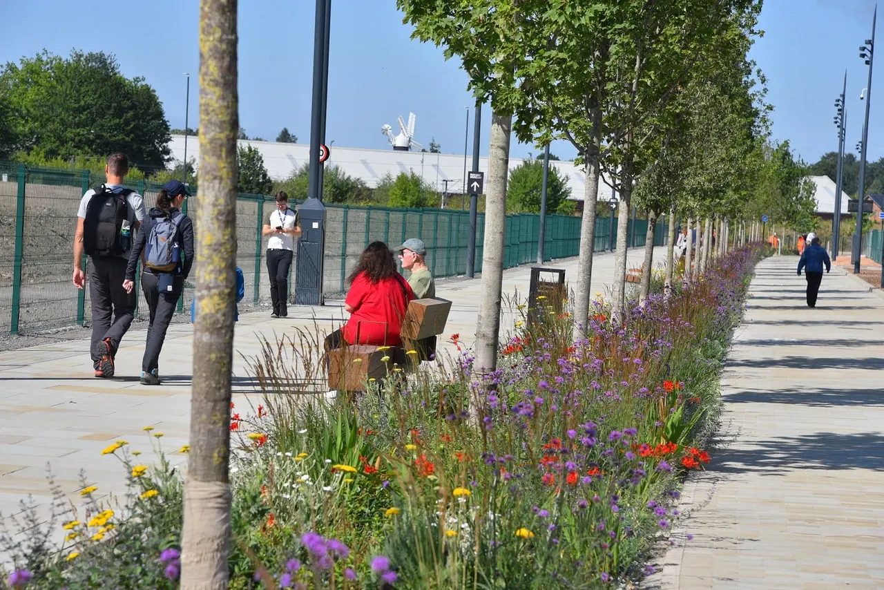 Visitors walking and sitting along a tree-lined outdoor pathway with colourful flower borders on a sunny day.