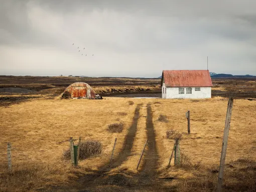 Remote Icelandic farm buildings with corrugated metal structure and cottage on barren moorland under overcast sky.