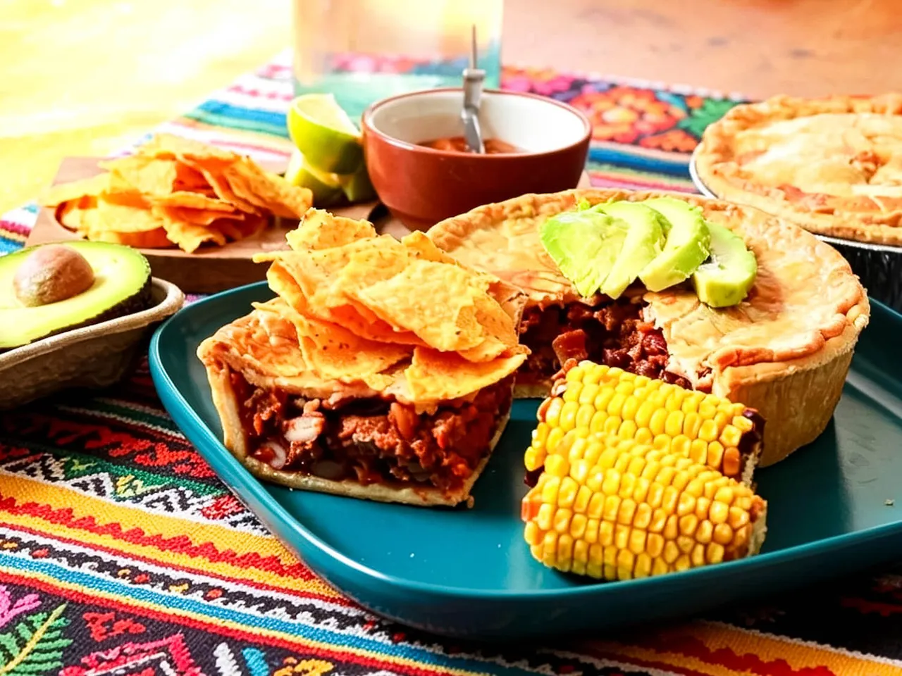 Mexican-style meal with meat pie, corn, avocado and tortilla chips on colourful table setting.