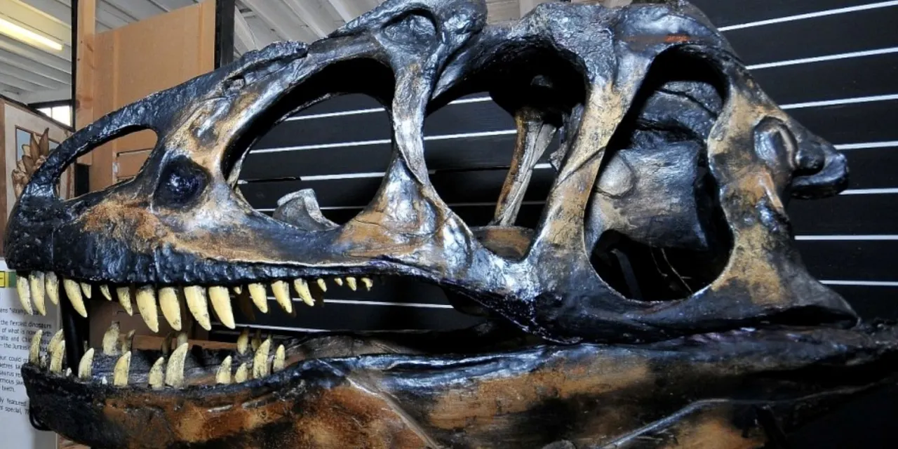 Replica dinosaur skull with large eye sockets and prominent teeth displayed indoors.