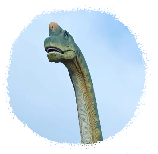 A dinosaur model's long neck and head against a blue sky.
