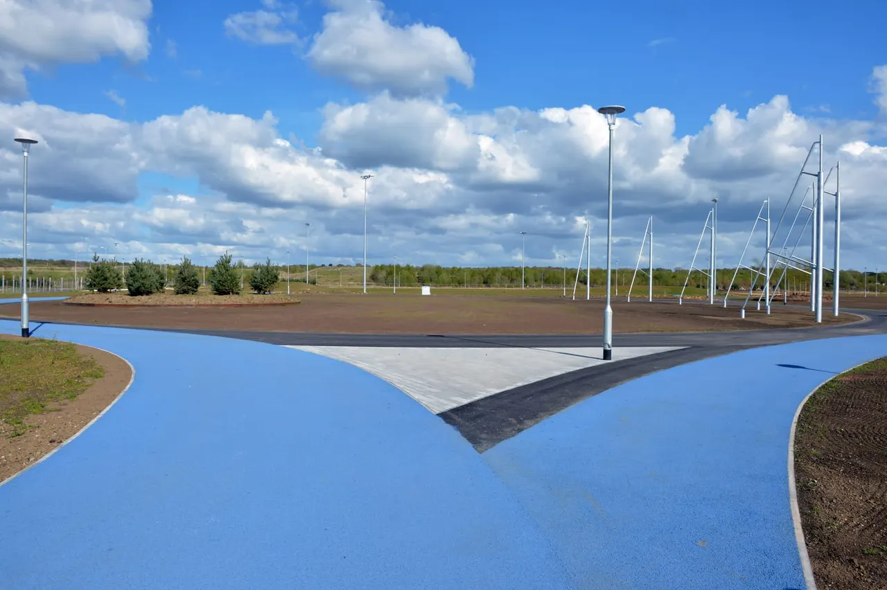 Modern outdoor play area with blue safety surfacing, tall poles, cable structures, and landscaped grounds under partly cloudy sky.
