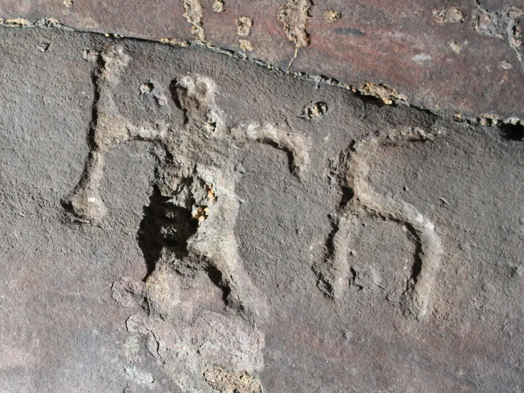 Close-up of fossil footprints impressed in ancient stone surface at cave floor level.