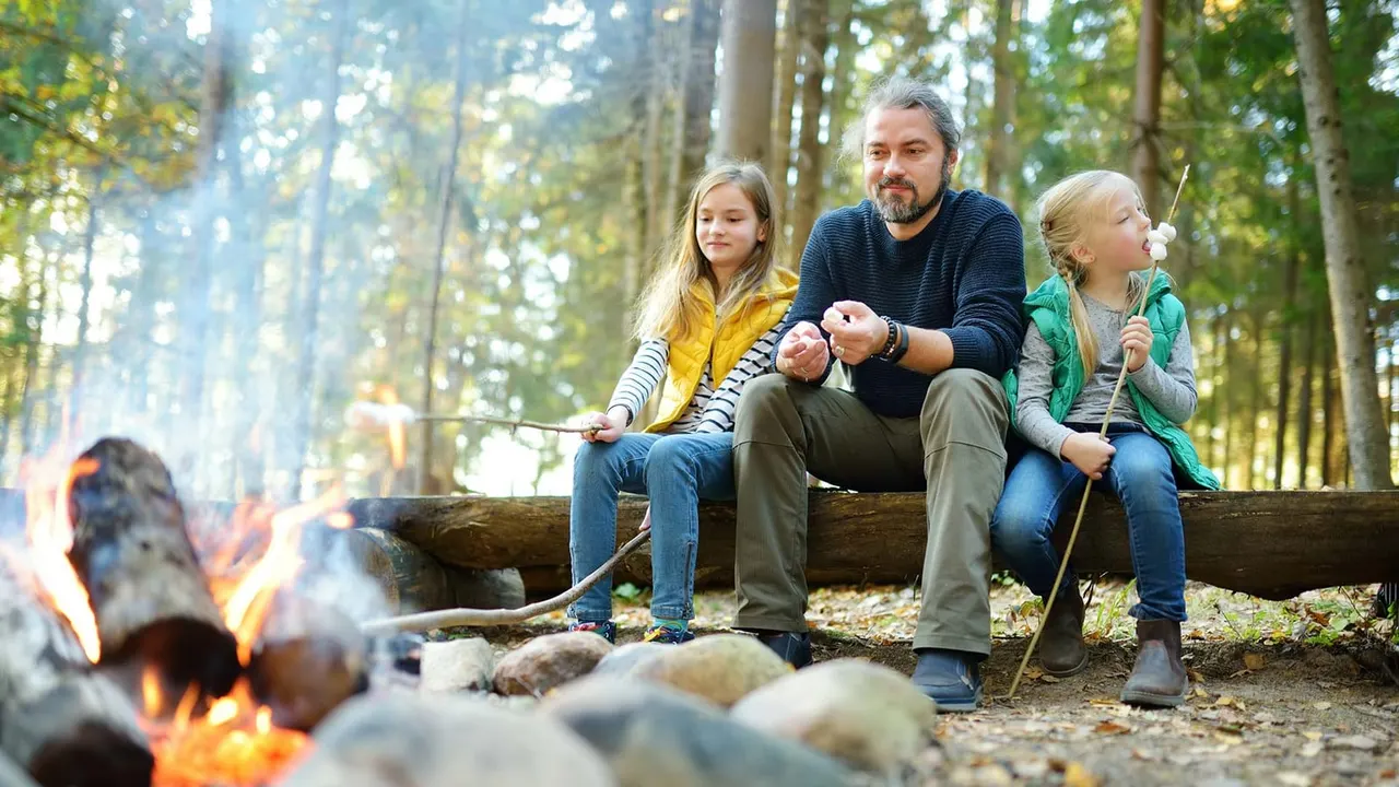 Man and two children toasting marshmallows around a campfire in a woodland setting.