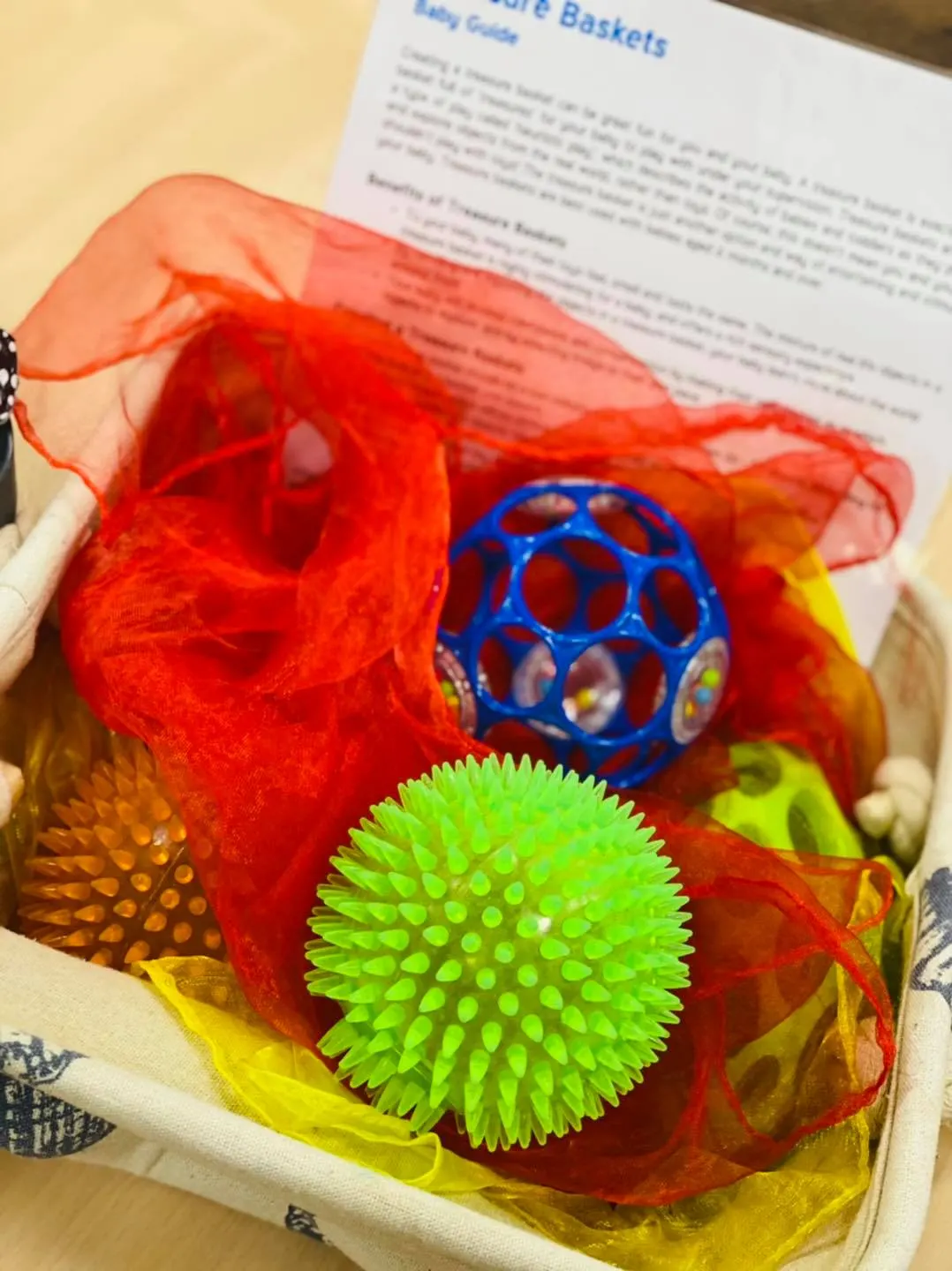 Colourful sensory toys including a bright green spiky ball and blue lattice ball in a red mesh basket with an information leaflet.