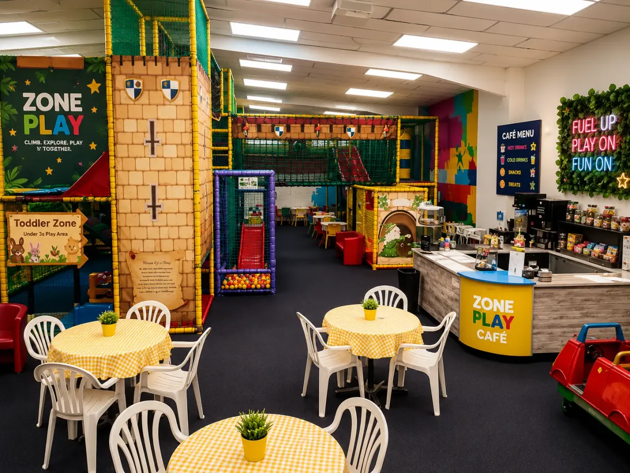 Indoor play centre with castle-themed structures, seating areas with yellow checkered tablecloths, and a café counter.