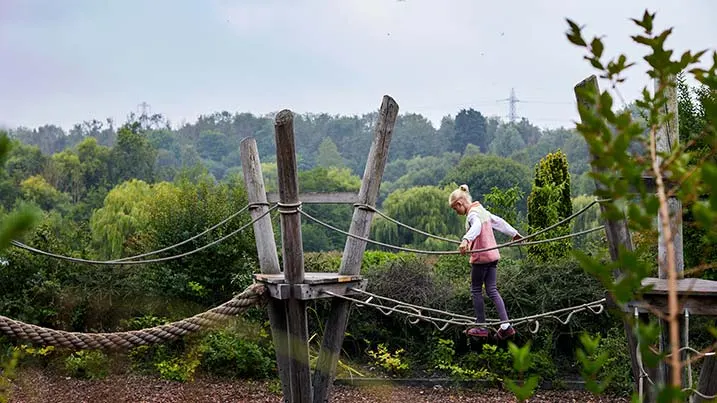 A person in pink and purple walking across a rope bridge in a wooded landscape with green vegetation.