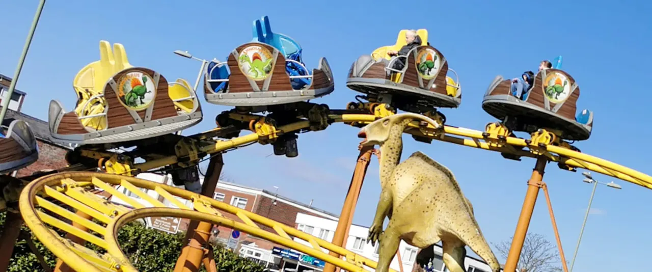 Camel-themed fairground ride with yellow arms holding wooden passenger pods against a clear blue sky.
