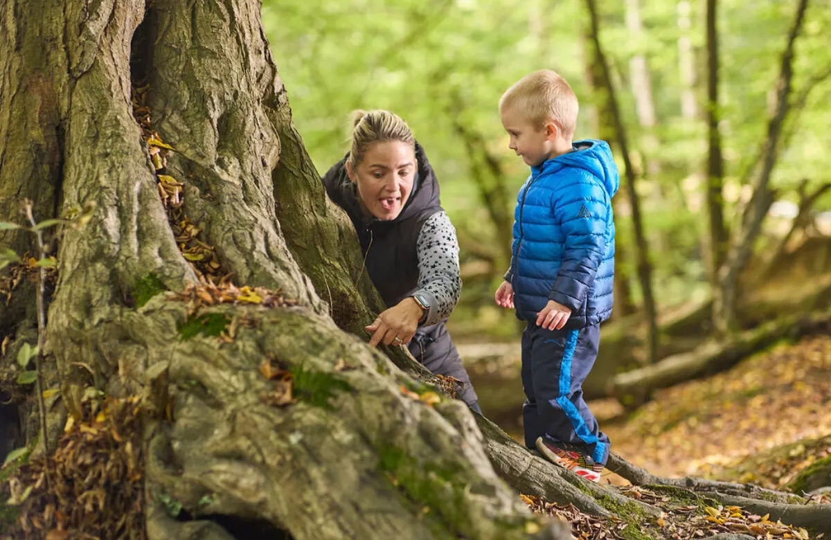 Woman and young child exploring a large moss-covered tree trunk in a woodland setting.