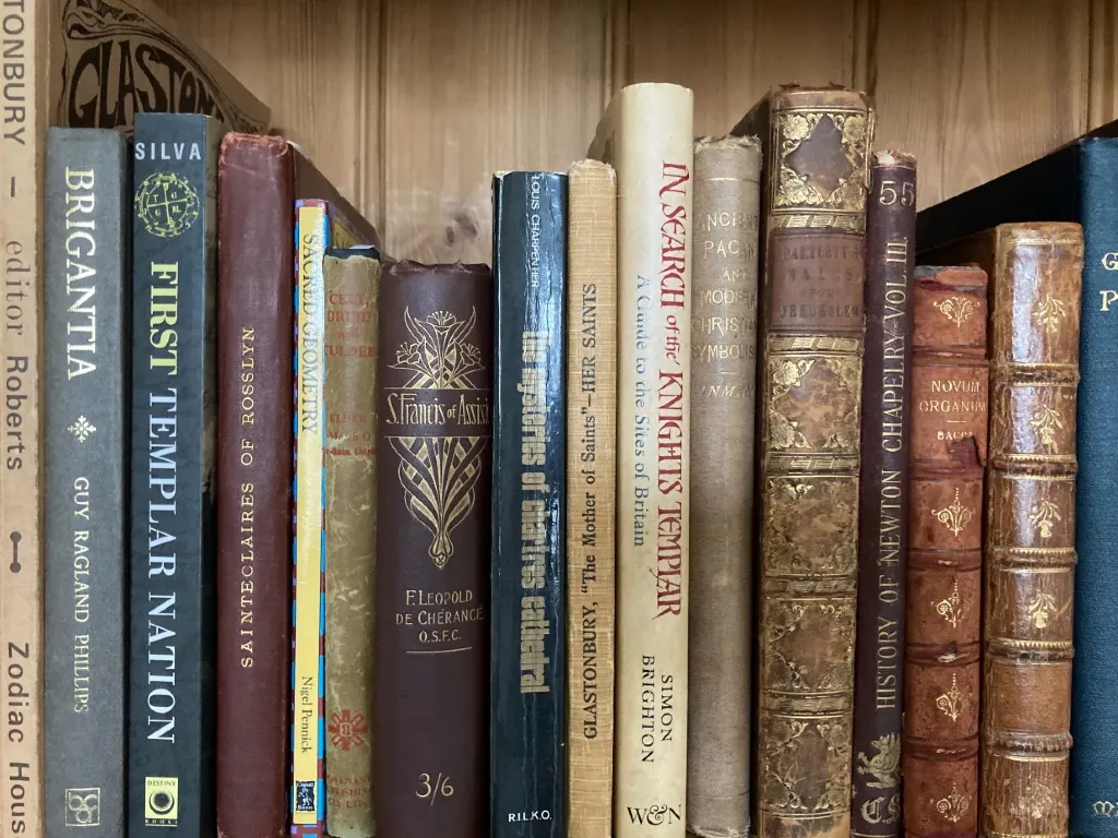 A collection of vintage and antique books standing upright on a shelf, showing their spines with various titles and decorative gilt lettering.