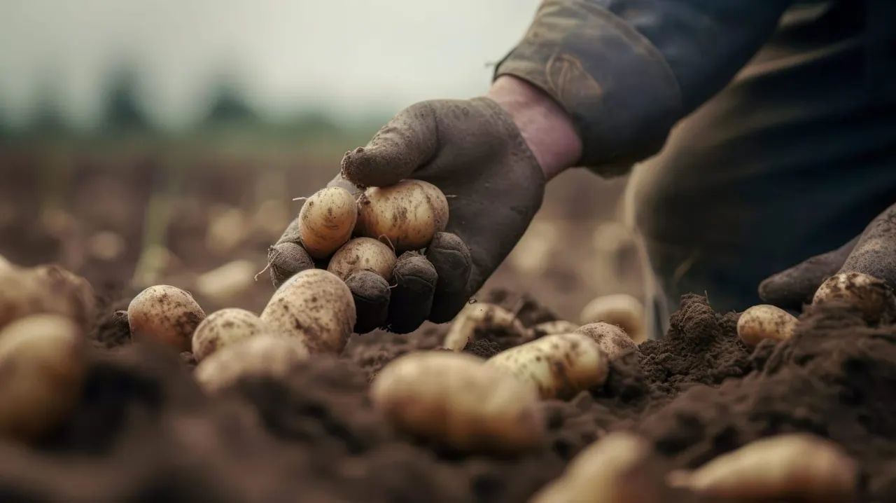 Gloved hand holding freshly harvested potatoes over soil in a field.