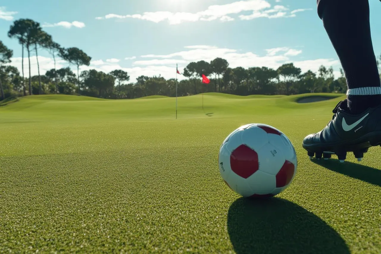This is a DESIGNED GRAPHIC (a composite/manipulated image showing a football on a golf green, which is not a realistic leisure activity scene).

GRAPHIC