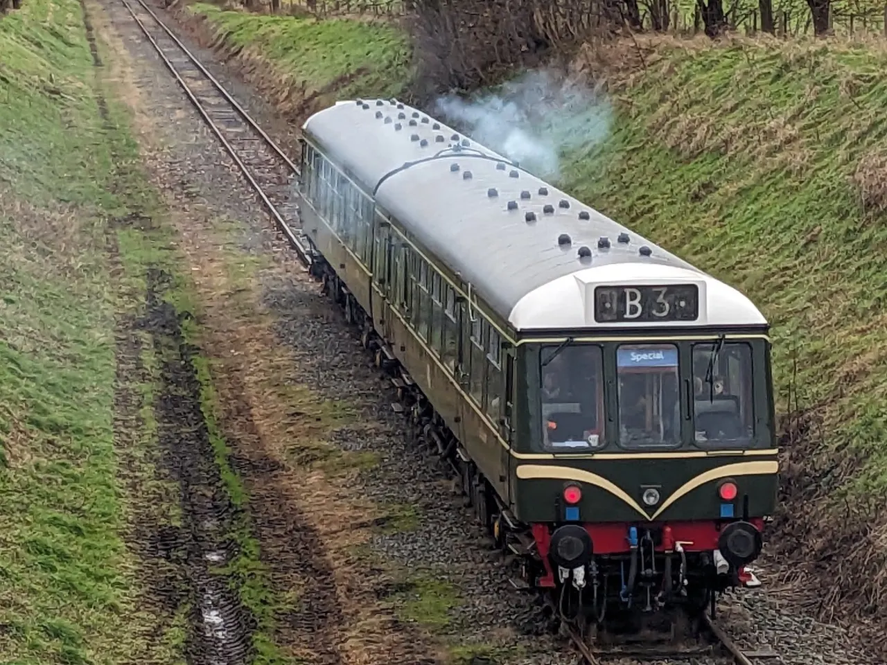 Steam train travelling through wooded cutting with green embankments on either side.