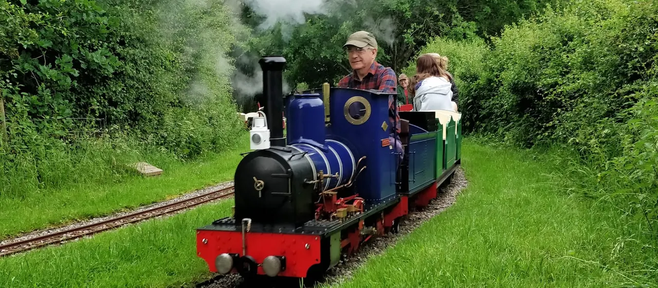 A miniature steam train with passengers travels through lush green countryside on a narrow-gauge track.