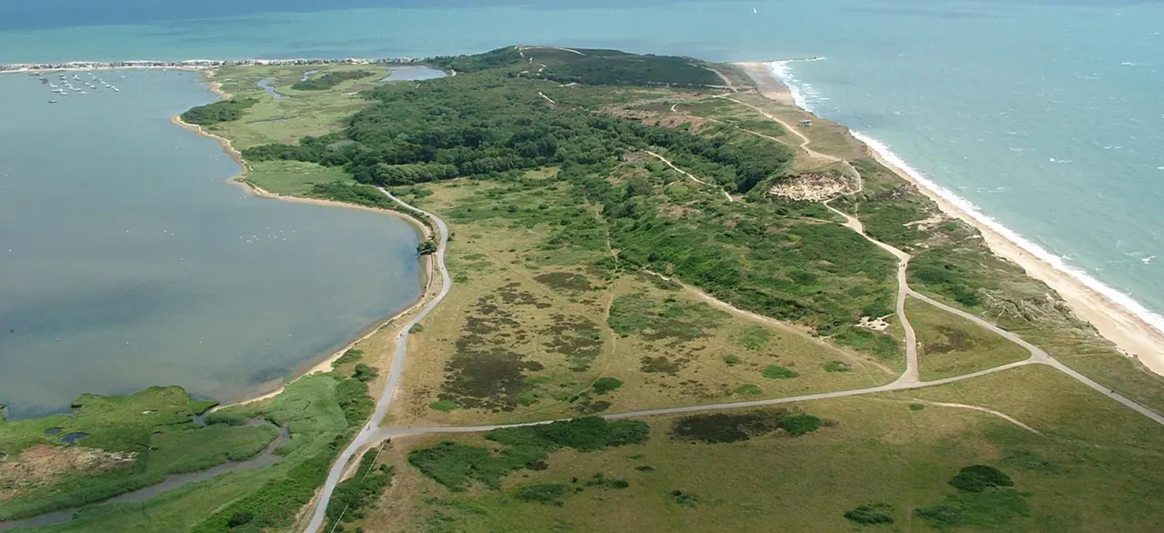 Aerial view of a coastal peninsula with woodland, grassland, sandy beach, and turquoise waters with moored boats.