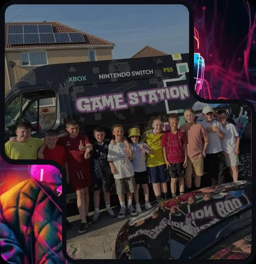 Group of children and adults standing in front of a mobile gaming van with Xbox and Nintendo Switch branding.