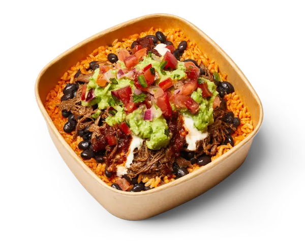 Loaded nacho dish with shredded meat, black beans, cheese, guacamole, tomatoes and soured cream in cardboard container.